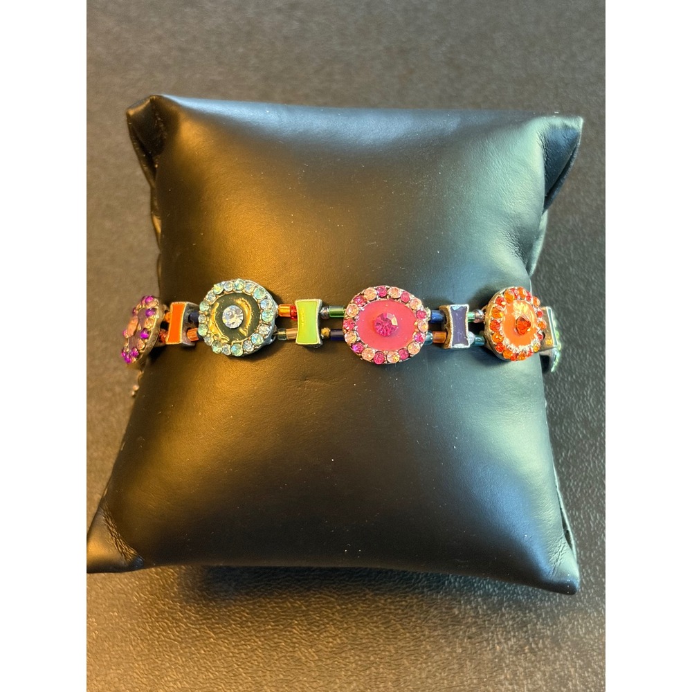 Multi Color Enamel Rhinestone Link Bracelet Silver Tone Toggle Clasp Boho 7.5"